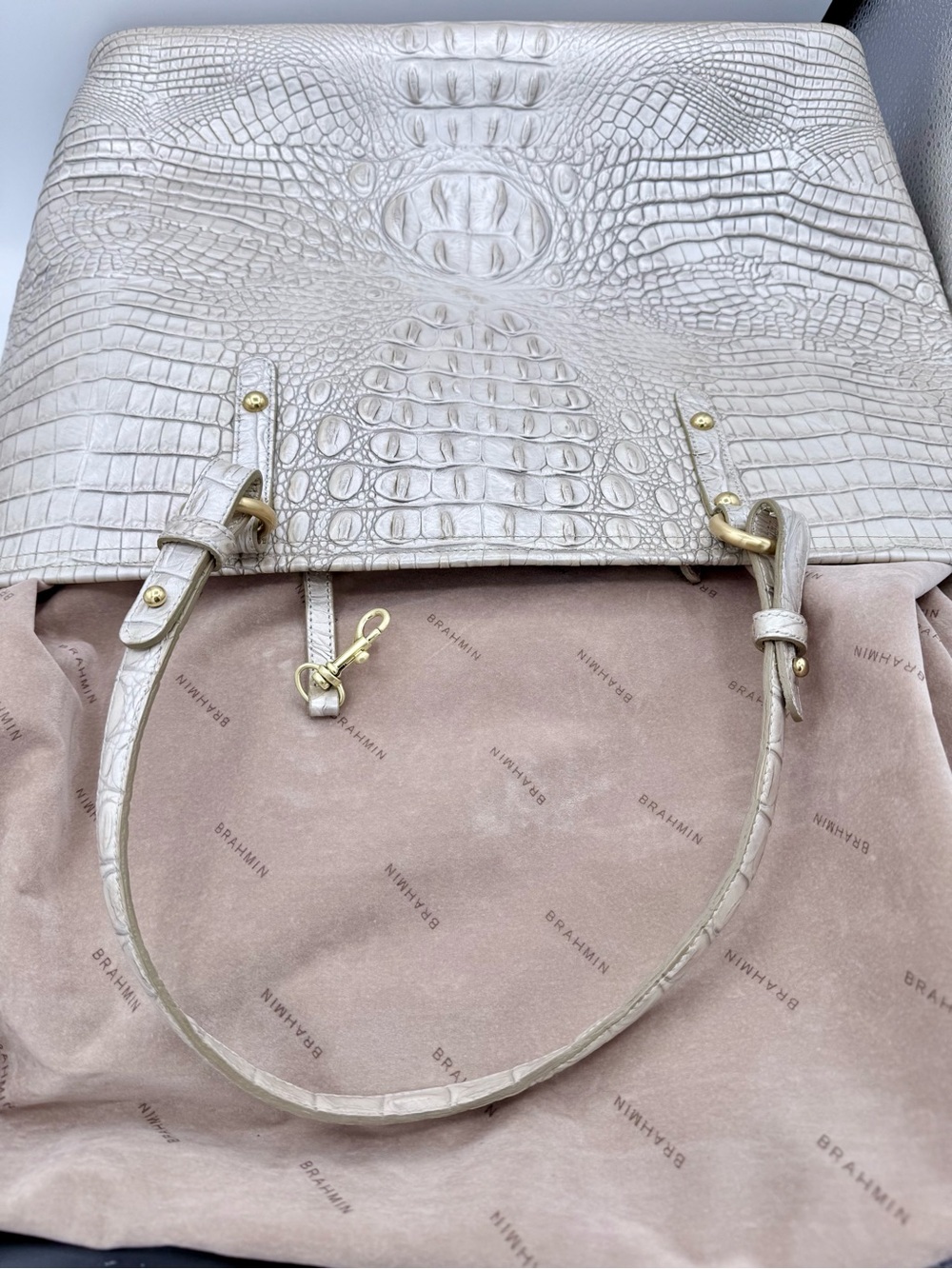 Brahmin Melbourne Croc Embossed Leather Tote Bag Linen Cream Gold - Picture 7 of 13